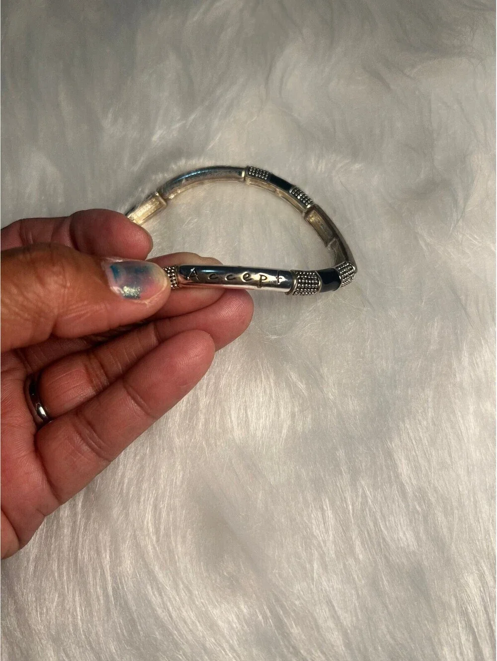 BRACELET brass and Silver Tone with Black Accent and inspirational words 8.5 in